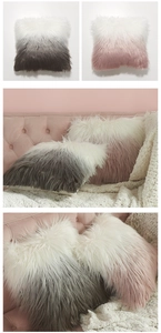 Detail of Nordic long plush gradient faux fur pillow cover with soft shaggy texture
