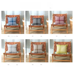Macro detail of Nordic plaid linen cushion covers in six colors with woven texture