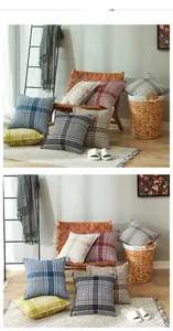 Detailed view of multi-colored plaid linen cushions with elegant fringed edge accents