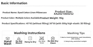 Detailed specifications and washing care instructions for cotton linen throw pillow covers