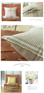 Close-up of thick textured linen check pillow covers in brown and olive green