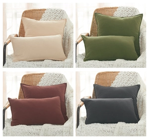 Detail of minimalist linen pillow covers in four colors with high-quality piped edges