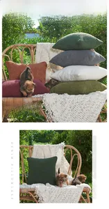 Detailed texture of thick chenille pillowcase stacked on a rustic wicker chair