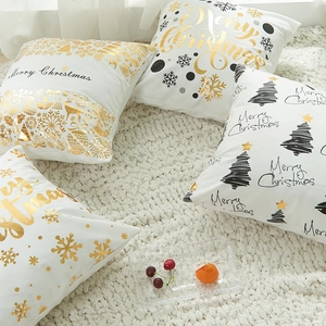 Christmas cushion covers set of 4 with gold deer and trees on white fabric