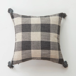 Grey and beige buffalo check cotton linen square pillow cover with decorative tassels