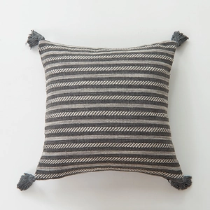 Thick linen cotton striped pillow cover with gray tassels and woven texture