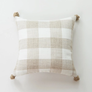 Linen texture checkered pillow cover with tassels and beige white gingham pattern