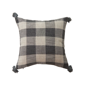 Linen texture gray and white buffalo check square cushion cover with tassel corners