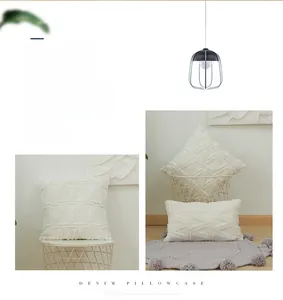 Detailed view of geometric triangle plush velvet embroidery on white cushion cover texture