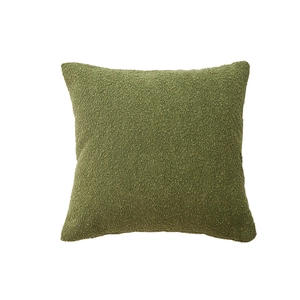 Solid olive green bouclé chenille square cushion cover with textured woven fabric finish