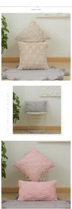 Detail of plush geometric triangle textured pillow covers in cream, grey, and pink tones