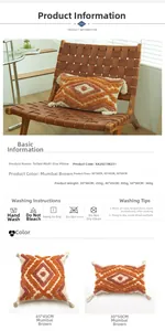 Detail view of Mumbai Brown tufted pillow with tassels and size specifications chart