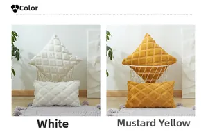 Detail of plush waffle-grid cushion covers in white and ginger yellow colors