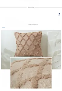 Detail of light beige square cushion cover featuring geometric 3D tufted diamond pattern