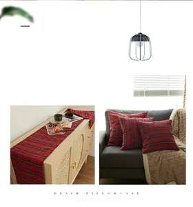 Classic red and green plaid table runner and matching cushion cover set for home decor