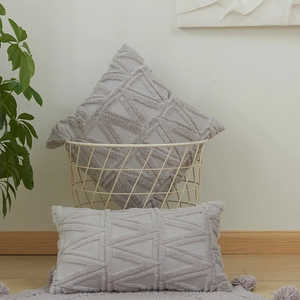 Nordic gray plush pillow cover with 3D geometric triangle pattern for home decor