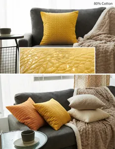 Close-up of leaf pattern quilted cushion cover made of 80% cotton with hidden zipper