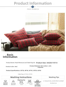 Detail of red and black plaid cotton-polyester Christmas cushion cover and table runner set
