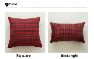 Detail of red Scottish plaid cushion covers in square and rectangular lumbar shapes