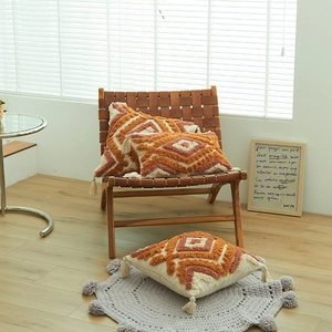Modern Minimalist Cotton Pillowcase Geometric Splicing Pattern With Tassels Sofa Cushion Cover For Living Room Home Decor