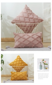 Detail showing plush geometric tufted stripes on rectangular and square pillow cases