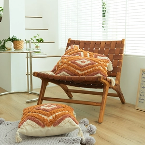 Bohemian tufted geometric pillow covers with orange tassels for modern sofa decor