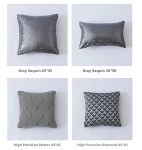 Detail view of grey sequin and geometric jacquard pillow covers in various sizes