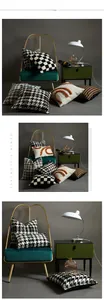 Detail of tufted denim pillowcase with houndstooth pattern and caramel loop texture