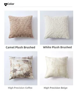 Détail des housses de coussin en peluche et tissu de haute précision aux tons neutres