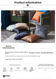 Dutch velvet pillowcase details showing texture, multiple sizes, and washing instructions