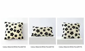 Detalles de las fundas de cojín de felpa con estampado floral nórdico en blanco y negro