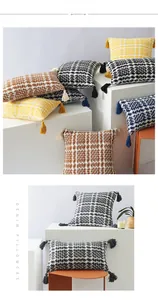 Detailed view of woven fabric texture and thick tassel fringe on Nordic style pillowcases