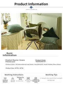 Detail of Nordic green leaf and houndstooth pillow covers with handcrafted pleats