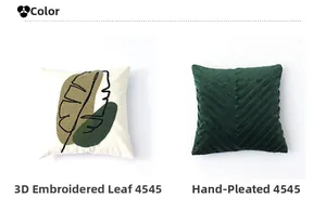 Detail of 3D embroidered leaf pattern and handmade pleated velvet decorative pillow covers