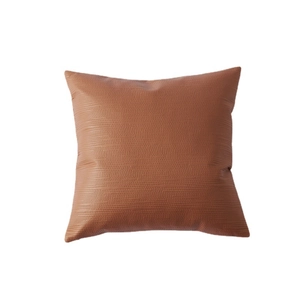 Modern caramel brown faux leather square pillow with textured horizontal perforated pattern