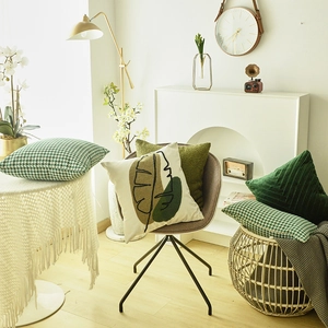 Nordic decorative pillow covers with green leaf prints and houndstooth velvet textures