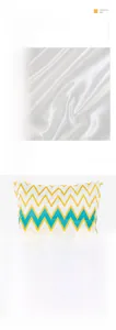 Détail du tissu en soie imitation brillante avec motif de vagues géométriques jaune et bleu