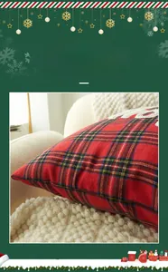 Close-up of red plaid Christmas pillow cover made from soft polyester cotton fabric