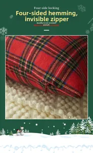 Close-up of red plaid Christmas pillowcase with invisible zipper on knit blanket