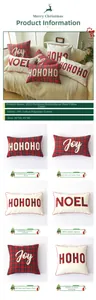Detail of Christmas pillow covers featuring festive embroidery and plaid patterns