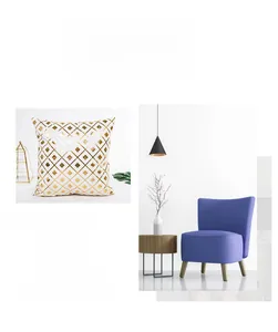 Detail of geometric gold foil pattern on white pillowcase and a modern sofa layout