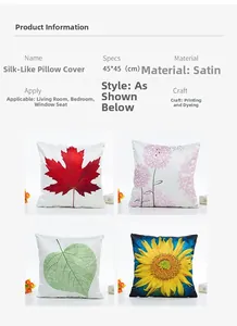 Detail of 45x45 cm faux silk satin pillowcases with colorful floral and leaf prints