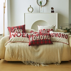 Christmas Cotton Plaid Pillowcase Embroidery Joy Noel HOHOHO Tartan Cushion Cover For Holiday Home Sofa Decor Pillow Shell