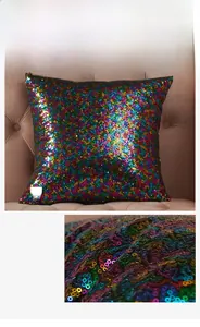 Detail showing high-density colorful sequins and soft skin-friendly fabric on a pillowcase