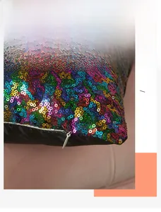Detail view of high quality invisible zipper and multi-color sequins on festive pillowcase