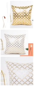 Detail view of geometric gold foil pillow cover featuring breathable white fabric