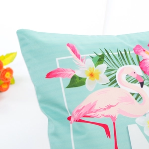 Tropical satin pillowcase with flamingo, frangipani and palm leaves on mint green background