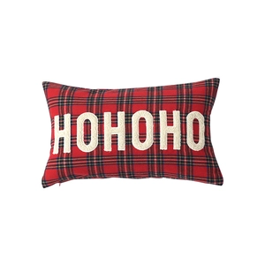 Christmas plaid pillow cover with white HOHOHO embroidery and hidden zipper detail
