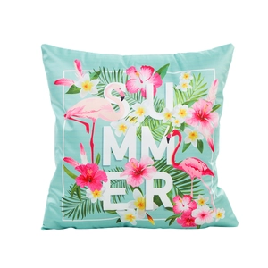 Tropical flamingo and palm leaf print satin cushion cover with white Summer text