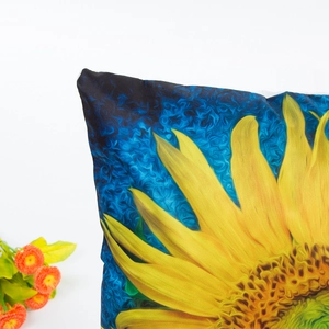Silk satin pillowcase featuring artistic sunflower oil painting pattern in yellow and blue